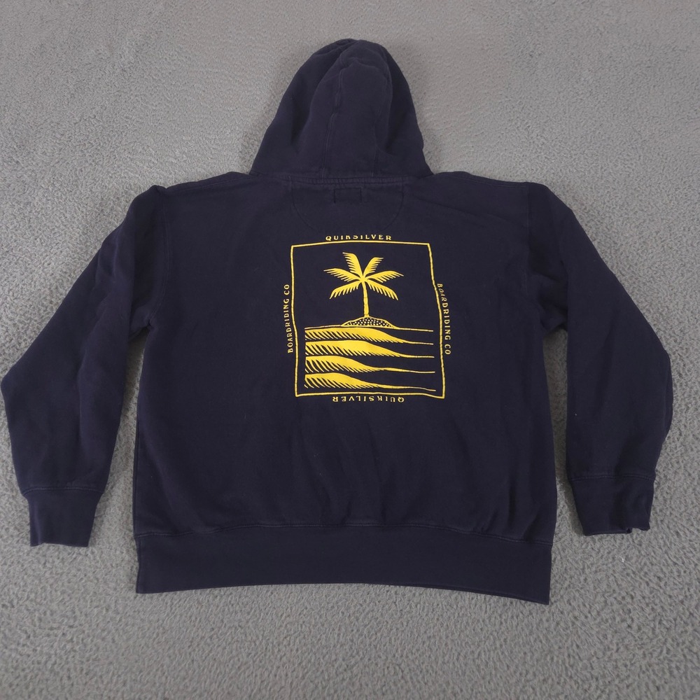 VINTAGE Quiksilver Hoodie Mens L Navy Blue Palm Tree Graphic Cotton‎ Blend 90s
